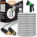 Garden Hose 75ft, Stainless Steel Heavy Duty Water Hose with 10 Function Nozzle Flexible, Lightweight, No-Kink, Pet Proof, Puncture Proof Metal Hose for Yard, Outdoor