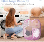 2 Pack Strong Mesh Pop-up Laundry Hamper, Quality Pop Up Hampers for Laundry with Durable Handles Solid Bottom High Carbon Steel Frame, Easy to Open and Fold Flat for Storage(Light Pink)