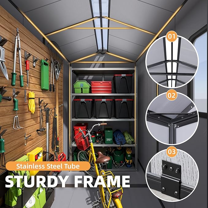 MELLCOM 4 x 6 FT Resin Outdoor Storage Shed with Floor, Plastic Outdoor Storage Tool Shed with Windows and Lockable Door, Garden Shed for Lawnmower, Bike, Pool Supply