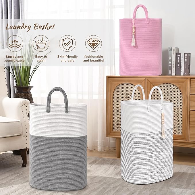 Woven Laundry Basket for Clothes, 100 L Large Rectangle Laundry Hampers with Beads Tassel, Nursery Storage Basket for Toys, Tall Dirty Clothes Hamper for Bedroom Aesthetic, Laundry Room Organization
