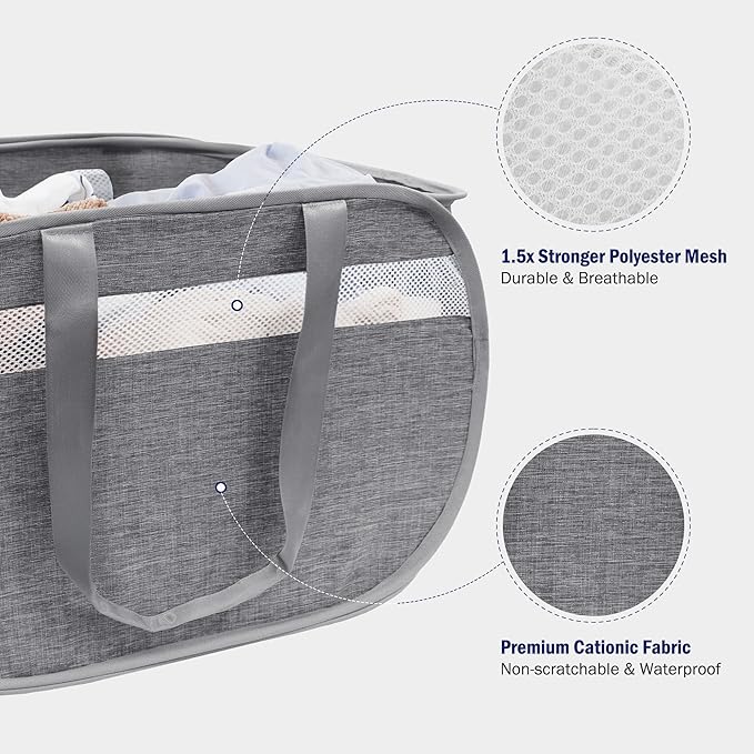 Collapsible Laundry Baskets, Foldable Tear Proof Pop Up Hamper with Reinforced Carry Handles, Durable Laundry Hamper for Home, Laundry, Bathroom, Dorm or Travel (Grey)