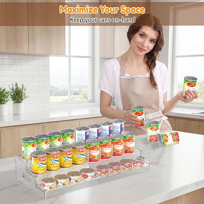 Expandable Can Rack Organizer for Pantry, 3-Tier Adjustable Acrylic Can Storage Holder, Holds Up to 24 Cans, Canned Food Organizer for Cabinet, Countertop, Kitchen
