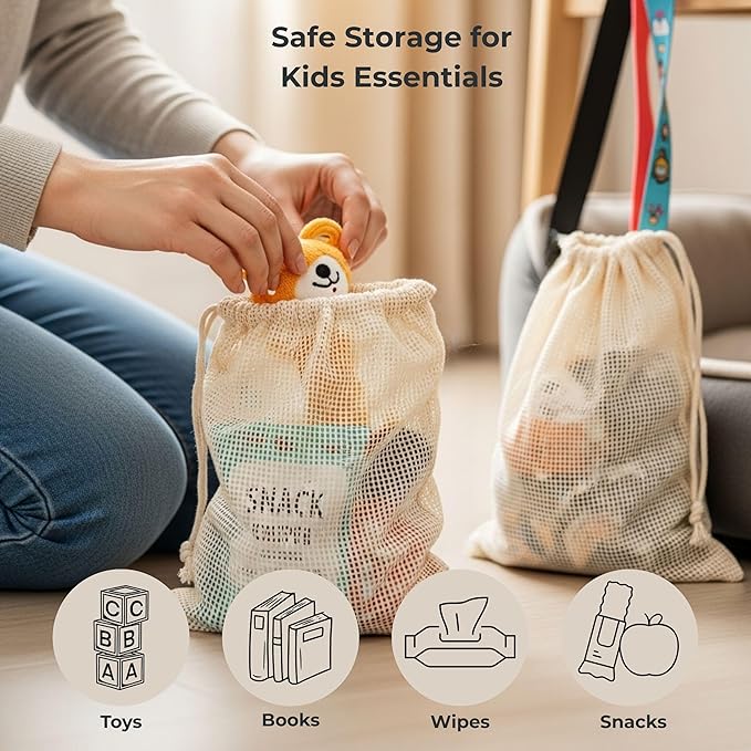 LITO LINEN AND TOWEL Produce Bags| Storage Bags with Drawstrings | Cotton Mesh for Vegetables, Fruit, Onion & Grocery Shopping| Reusable Washable Food Bag| Cloth Shoe | 6 Pack Mixed Size - Natural
