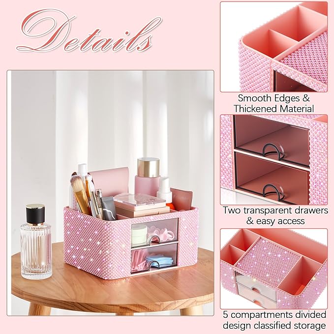 Pink Bling Desk Organizer with 2 Drawer, Sparkly Makeup Organizer for Vanity, Girly Desk Accessories, Rhinestone Pen Holder, Elevate Your Workspace with Pink Serenity (Pearl)