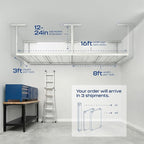MonsterRax Overhead Garage Storage Racks 3x8’ (2-Pack) Ceiling Mounted Shelving, Adjustable Hanging Organizer, Heavy Duty Steel, Holds 500 Pounds, Color: White, Adjustable from 12"-21” off the Ceiling
