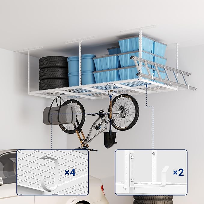 FLEXIMOUNTS 4x8 Overhead Garage Storage Rack w/Hooks Adjustable Ceiling Storage Racks, 96" Length x 48" Width x 40" Height, 22''-40" Ceiling Dropdown, White, Classic Series