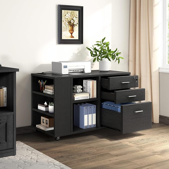 DWVO File Cabinet with Charging Station, 3 Drawer Mobile Filing Cabinet with Lock, Printer Stand with Open Storage Shelf for Home Office, Black