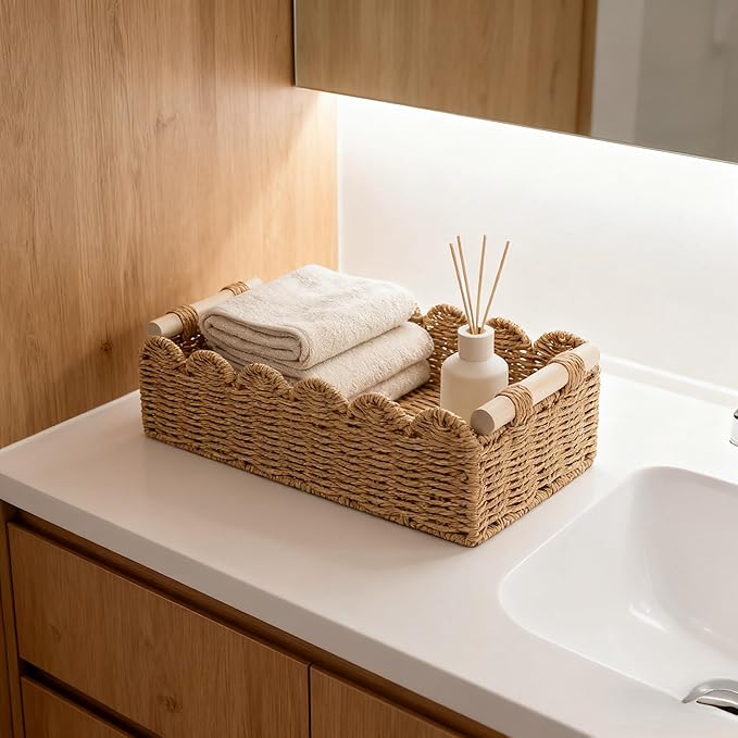 Scalloped Edge Bathroom Counter Organizer Basket with Wooden Handles, Khaki Paper Rope Toilet Tank Top Basket, Toilet Paper Storage Basket for Vanity, Shelves – 14" x 6.3" x 3.9"