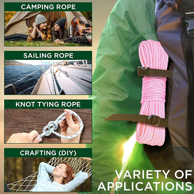 TECEUM Rope – 90 Feet x 1/4 Inch (7mm) – Pink – Strong All-Purpose Utility Rope – Camping, Crafting, Flag Pole, Indoor & Outdoor – Polypropylene Nylon Poly Lightweight Diamond Braided Cord