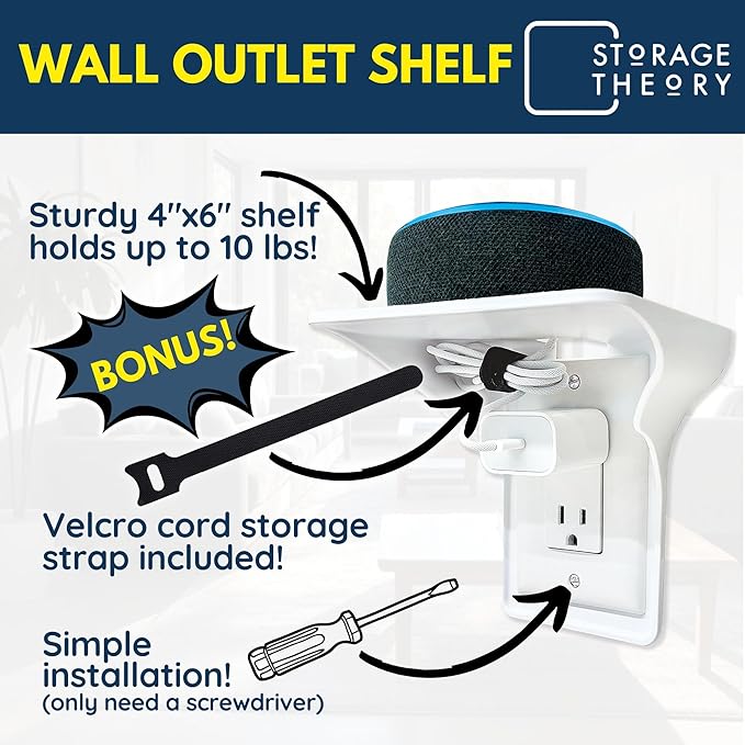 BeraTek Power Perch Wall Outlet Shelf with Cord Storage Strap - Declutter & Reclaim Bathroom Counter Space - Echo Dot Stand, Homepod Mini Wall Mount, Smart Home Devices Organizer - White, 4-Pack