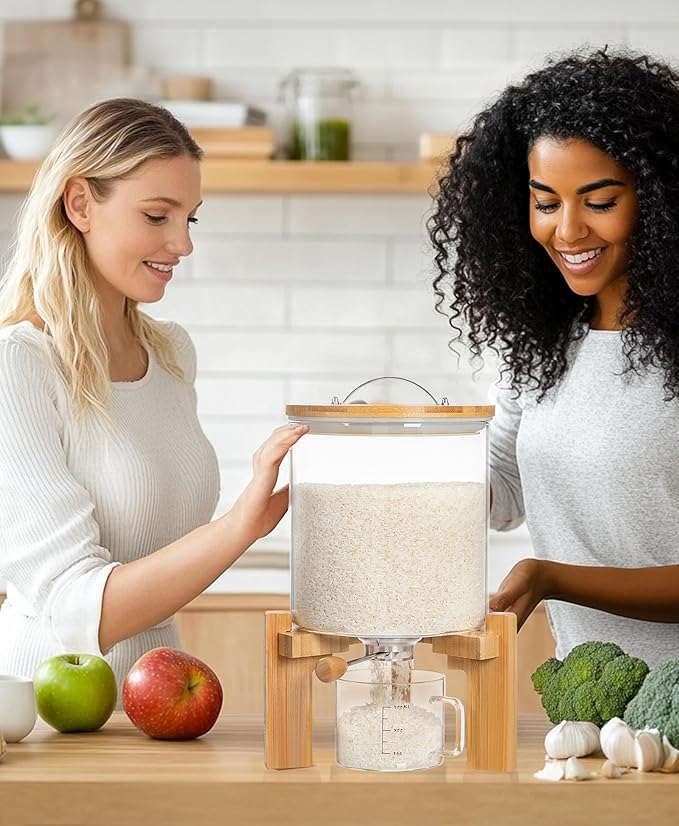 HBlife 8-10 Lbs Glass Rice Dispenser with Wooden Stand Flour and Cereal Container with Glass Measuring Cup Pantry Food Organization Storage Bin with Airtight Bamboo Lid, 5L (2 Pack)