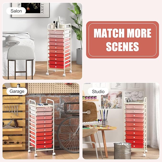 GOFLAME 10-Drawer Rolling Storage Drawer Cart, Utility Cart with Removable Drawers & Metal Frame, Mobile Art Craft Drawer Cart with Lockable Wheels for Home, Office, Studio, School, Pink