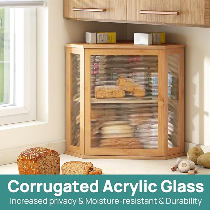 Corner Bread Box for Kitchen Counter, Bamboo Wood Large Capacity Bread Storage Bin with Acrylic Wavy Door Panel (Natural, Extra Large)