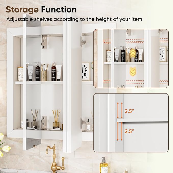 Antok 24x24 Inch Medicine Cabinet with Mirror, Wall Mounted Bathroom Mirror Cabinet, Wooden Medicine Cabinet Mirror, Recessed or Surface, White
