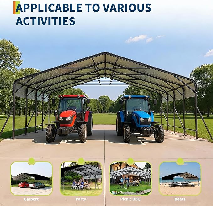 Metal Car Port, 20x20x9FT Metal Garage with Steel Frame, Heavy Duty Carports for Car, Boats and Tractor