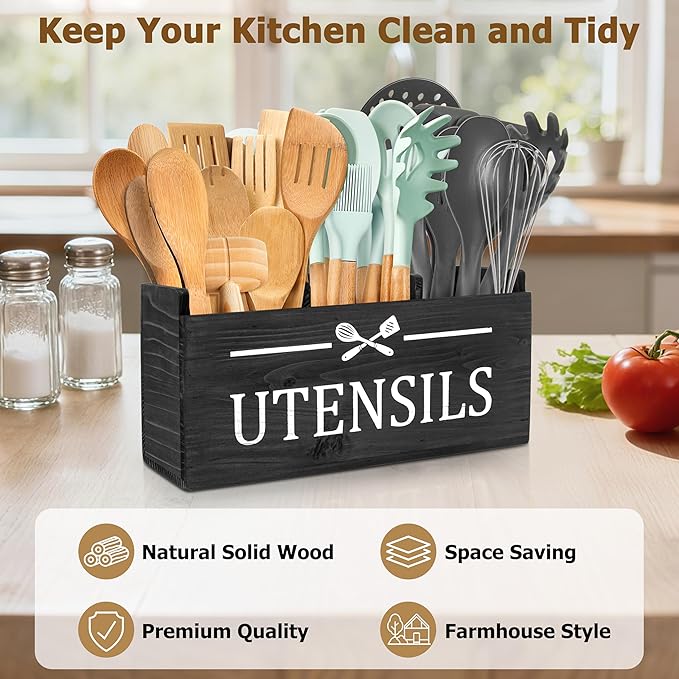 RedCall Wooden Kitchen Utensil Holder for Counter-top,Large Utensil Organizer for Storage Cooking Tool and Silverware,Extra Large Rustic Wood Container (Black)