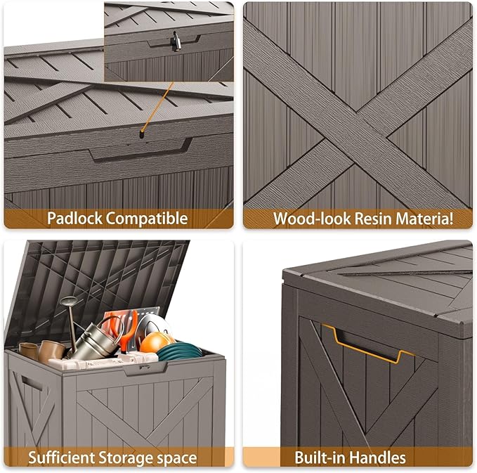 38 Gallon Outdoor Deck Box,Waterproof Resin Outdoor Storage Boxes, Outside Storage Lockable Container for Garden Tools,Indooor Cushions,Accessories (Grey)