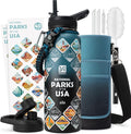 National Parks Water Bottle – 40 oz Insulated Stainless Steel Bottle with 63 Hand-Drawn Park Stickers, Carrier Bag, Strap & Gift Box – BPA-Free – Ideal for Hiking, Camping & Travel