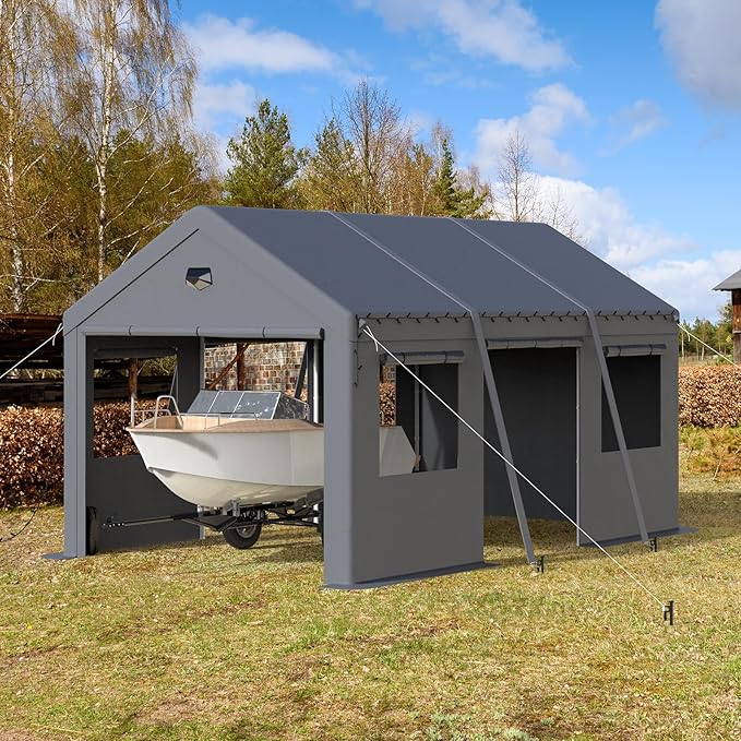 Carports Canopy Heavy Duty, Portable Garage with Sidewalls and Side Doors (10x16, Grey)
