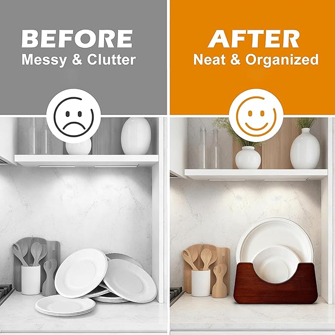 Paper Plate Dispenser，Wood Foam Plate Storage Organizer for 7-10 inch Disposable Plate,Paper Plate Holder for Kitchen Countertop or Outdoor Use