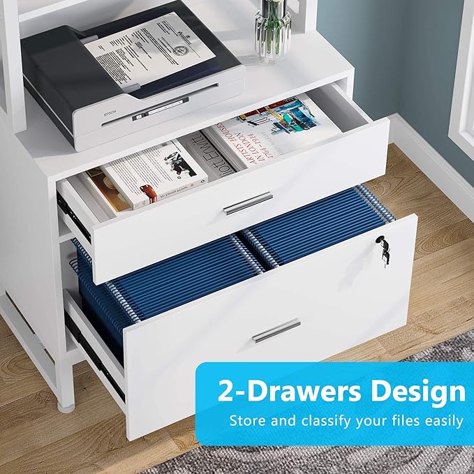 Tribesigns 2 Drawer Vertical File Cabinet with Lock & Bookshelf (Set of 2), Letter Size Large Modern Filing Cabinet Printer Stand with Open Storage Shelves for Home Office, White