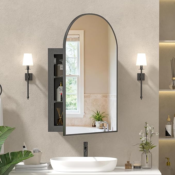 Recessed Medicine Cabinet for Bathroom,Brushed Black Arched Medicine Cabinet with Mirror,Arch Mirrored Medicine Cabinets Recessed,Bathroom Mirror with Storage,Open from Left to Right 16x26