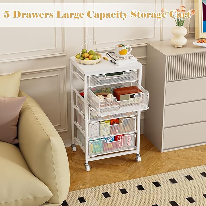 Utility Cart with 5 Drawers, Rolling Storage Cart with Wooden Tabletop and Lockable Wheels, Storage Drawer Cart Craft Cart for Bedroom, Classroom, Home, Office, White