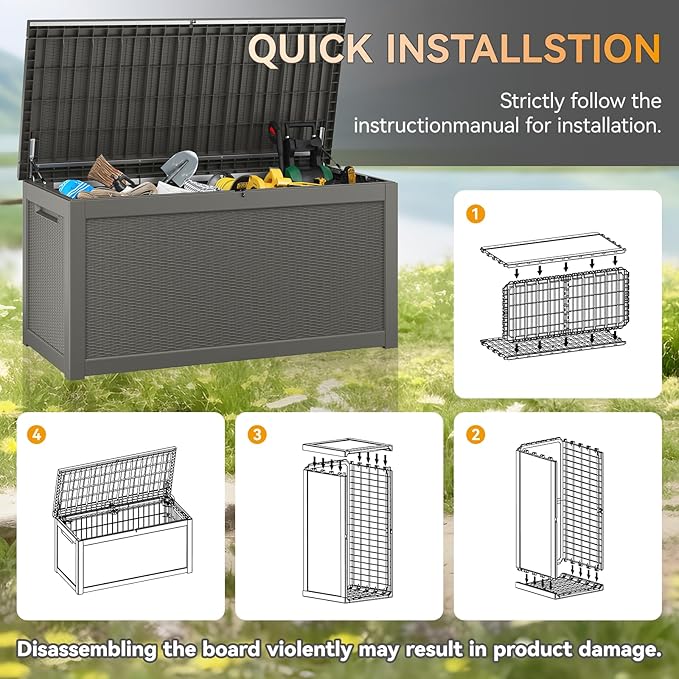 KAMABOKO 260 Gallon Outdoor Storage Box, Resin Deck Boxes Indoor and outdoor, Waterproof Storage Box Lockable Lid for Garden Tools, Package Delivery, Patio Cushions, Grey