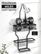 YASONIC Shower Caddy Over Shower Head Never Rust Aluminum Large Hanging Shower Caddy with 10 Hooks for Razor/Sponge - Over The Shower Head Caddy with Soap Basket - Hanging Shower Organizer Black