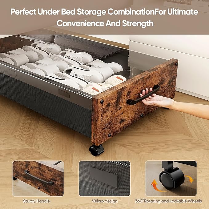 Under Bed Storage with Wheels, Rolling Underbed Storage Drawers, Wooden Under the Bed Storage with Remove Lid, Large Metal Storage Bins for Shoes Blankets Clothes Bedrooms Dorms (Vintage Brown-2pack)