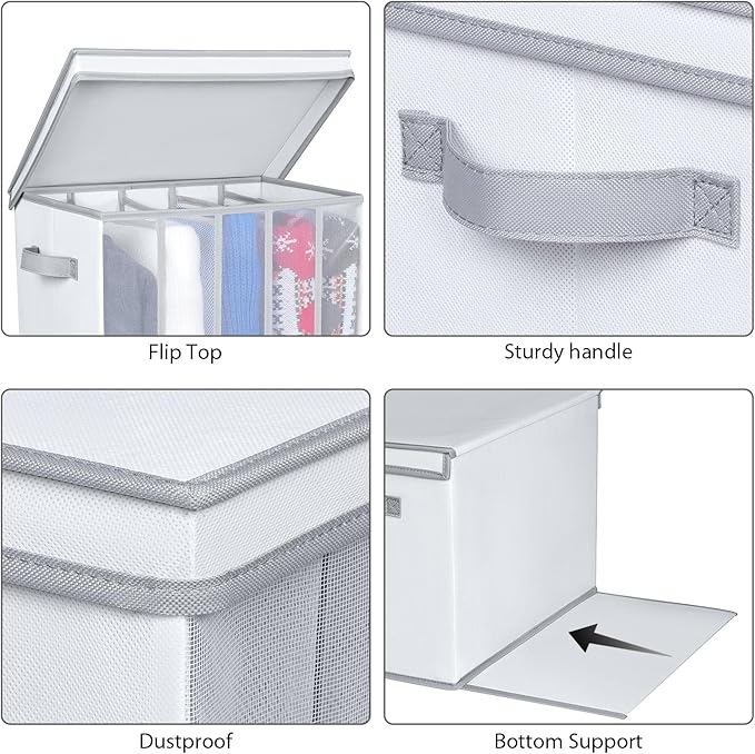 Univivi Large Size Wardrobe Clothes Organizer, 5 Grids Sweater Organizer for Closet with Handles, Support Boards and Lids, Foldable Closet Organizers for Sweaters, Pants, T-shirt, Hoodie- 4 Pack