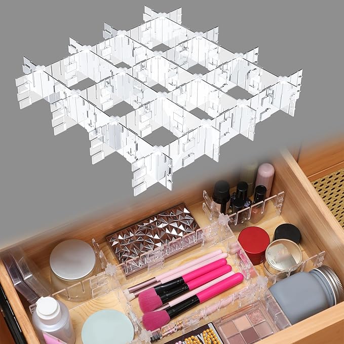 45 Pcs Adjustable Drawer Dividers with Fixed Buckle Drawer Organizer Box Dividers Back To School Gift for Socks Underwear Makeup Kitchen Bedroom Dresser Office Storage (Clear)