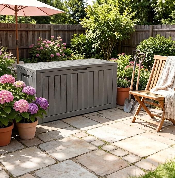 120 Gallon Outdoor Storage Box, Resin Deck Boxes Outdoor Waterproof For Patio Furniture, Garden Tools, Pool Supplies, Durable And UV Resistant, Lockable（Gray）