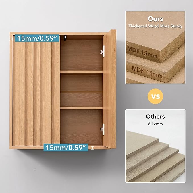 Fluted Bathroom Wall Cabinet Over Toilet, 15mm Thick Moisture-Resistant Wood Hanging Storage with Push-to-Open Doors, Japandi Floating Medicine Cabinet for Half Bath & Kitchen, Natural Oak