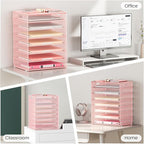 Lavatino 8-Tier Letter Tray Desk Paper Organizer, Mesh File Sorter Tray Organizer for Desk Office Supplies & Home Organization, Fits A4 Paper, Mail, Magazines and Office Accessories (Pink with Handle)