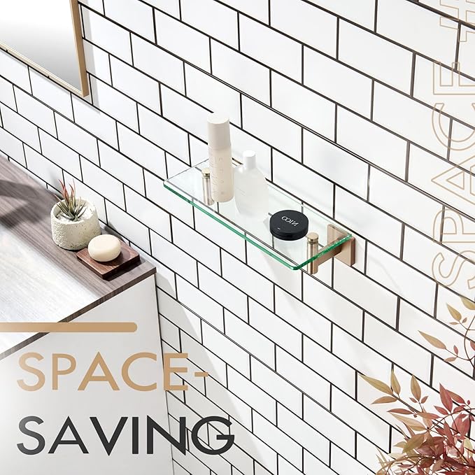 KOKOSIRI Wall Shelves Bathroom Hardware Glass Floating Shelf 12-Inch for Bedroom, Living Room, Kitchen, Hanging Rack Champagne Bronze B1105CPG-L12