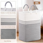 Laundry Basket Hamper,Blanket Storage,Dirty Clothes Hamper with Swivel Handles,Woven Cotton Rope Toy Baskets,Blanket Basket Living Room,Decorative Hampers for Nursery,Bedroom,White & Gray,80L