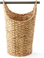 Casafield Toilet Paper Storage Basket with Wood Roll Holder Bar - Natural, Braided Water Hyacinth Wicker Bathroom Tissue Storage Organizer
