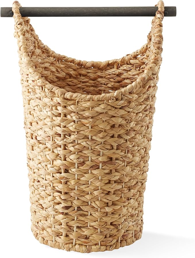 Casafield Toilet Paper Storage Basket with Wood Roll Holder Bar - Natural, Braided Water Hyacinth Wicker Bathroom Tissue Storage Organizer