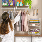 2 Set Laundry Room Wall Mounted Shelves With Wire Storage Baskets, Over Washer and Dryer With Hanging Rods and Hooks, for Organization and Storage, White, Wooden