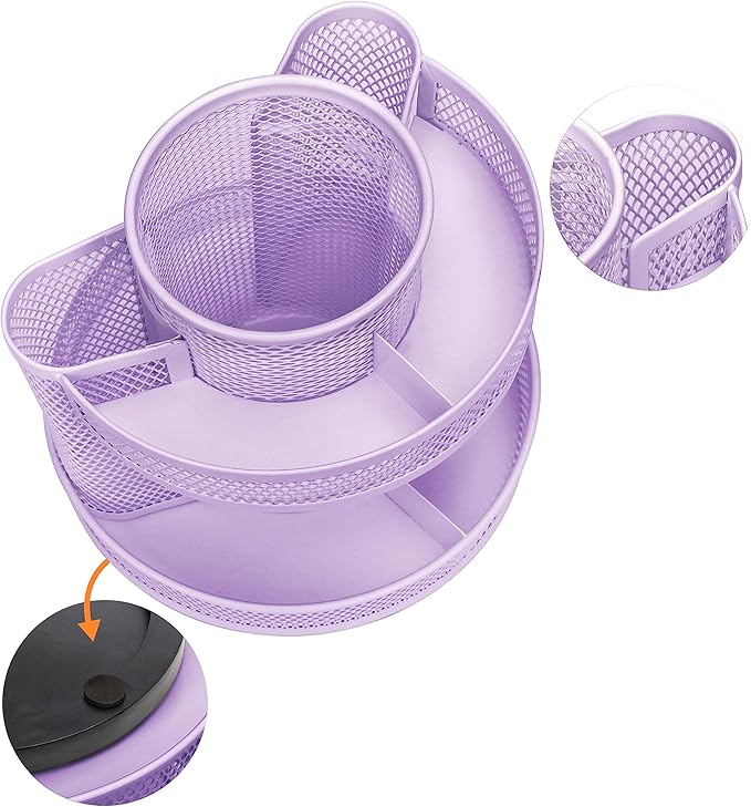 Annova Mesh Desk Organizer Rotate with 5 Compartments Round Spinning Tidy Candy/Pen Holder Desk Accessories Office, Art Supply, Storage, Classroom, Home (Light Purple)