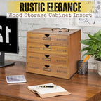 Flexzion Desktop Storage Box with Drawers - Wooden 4 Drawer Organizer Card Catalog Cabinet, No Assembly Required, Pine Wood Vintage Tabletop for Home and Office Accessories