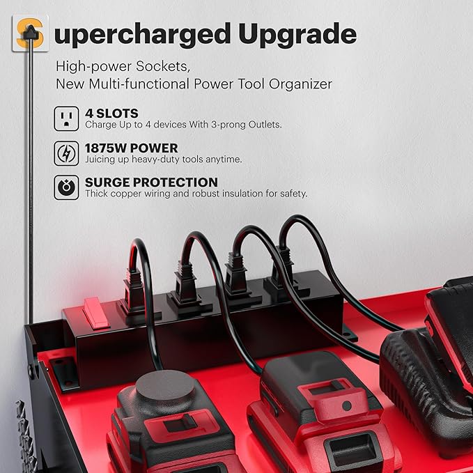 Power Tool Organizer Wall Mount with Charging Station, Tool Battery Holder with 4 Outlet Power Strip, 15 Min Assembly & Maximum 100lb Load by Heavy Duty Metal, 4 Slots for Cordless Drill