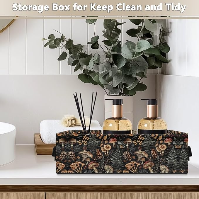 Storage Bins for Organizing Toiletries Foldable Organizer Rectangular Storage Basket for Bathroom Bedroom Office Home Accessories and Decor, Mushroom Leaf Black
