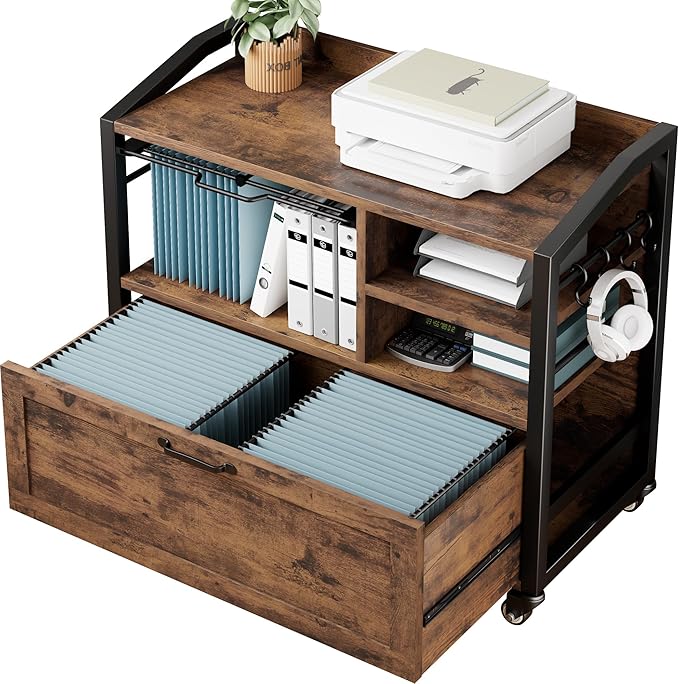 HSH Mobile Lateral File Cabinet with Drawer, Rolling Filing Cabinet with Storage Shelves & Hanging File Folders, Wooden Metal Printer Stand Fits A4 Letter Legal Size for Home Office, Rustic Brown,33In