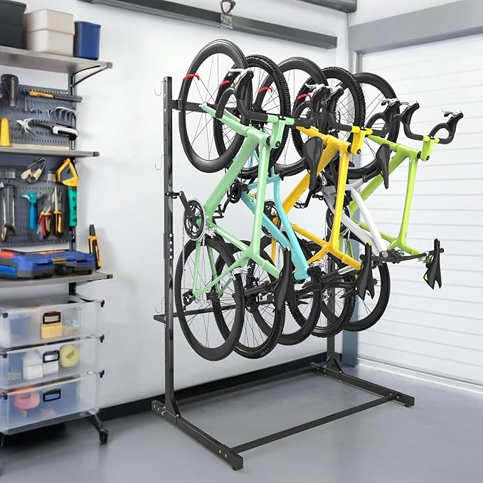 Freestanding 5 Bikes Stand w/Upgrade Hooks, 52" Heavy Duty Garage Vertical Storage Rack for Storage, Bike Floor Stand Indoor Outdoor Bicycle Organizer