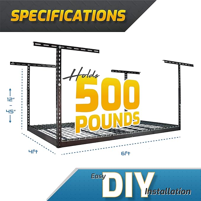 MonsterRax Overhead Garage Storage Racks 4x6, Ceiling Mounted Shelving, Adjustable Hanging Storage Organizer, Heavy Duty Steel, Holds 500 Pounds, Color: Hammertone, Adjusts 18"-33” off Ceiling