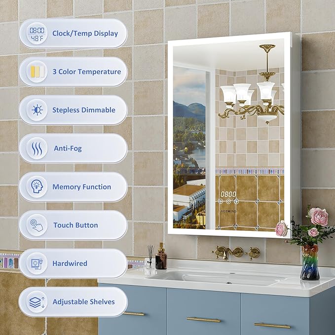 20"×30" Bathroom Mirror Cabinet, Recessed Lighted Medicine Cabinet with Mirror, Dimmable 3 Color Lights, Clock & Room Temp Display, Defogger, LED Bathroom Cabinet with Storage, Left Hinge