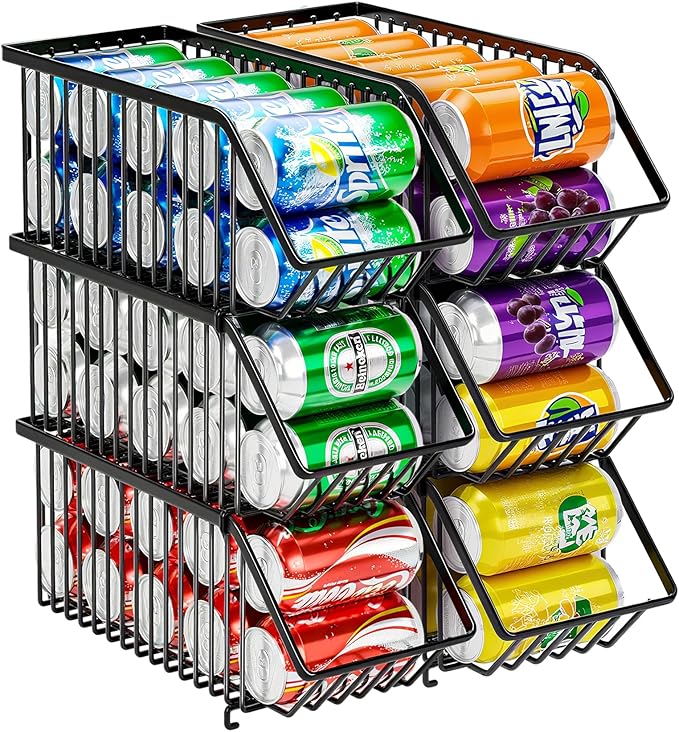 Stackable Soda Can Organizer Rack, Stacking Can Dispensers Refrigerator Organizer Bins Pop Soda Dispenser Canned For Fridge, Freezer, Kitchen, Cabinets (Black, 6)