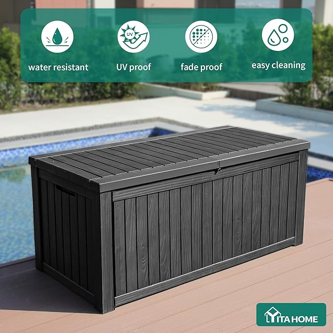 YITAHOME 150 Gallon Large Outdoor Storage XL Deck Box w/Divider for Patio Furniture,Outdoor Cushions, Garden Tools, Sports Equipment and Pool Supplies, Waterproof, Resin, Lockable, Black